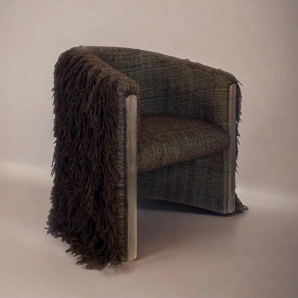 Brown Faux Wool Fringe Accent Chair with Wood Frame, Contemporary Armchair