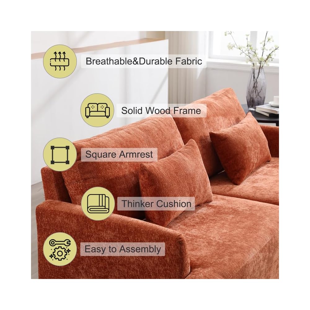 68'' Sofas Couch for Living Room, Mid Century Modern Sofa with Deep Seats, Chenille Loveseat Cloud Couch, Comfy Small Couches for Small Spaces Apartment Bedroom, Dark Orange