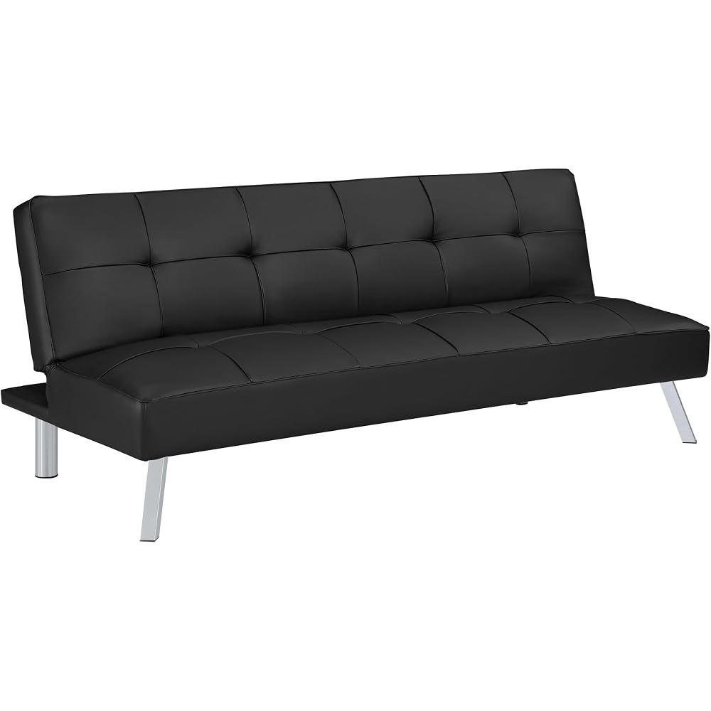 OSP Home Furnishings Kenneth Modern Button Tufted Convertible Click-Clack Futon Sofa Bed, Black Faux Leather with Chrome Legs