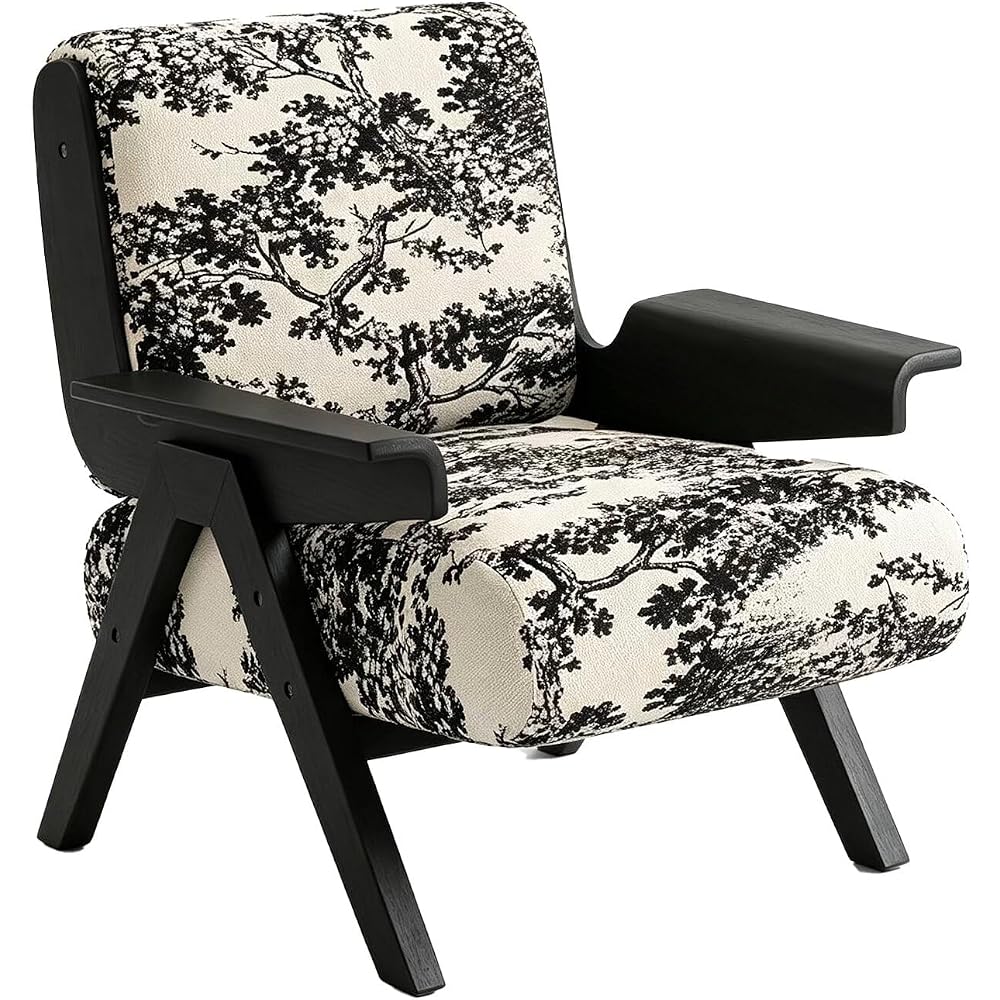 Mid-Century Arm Sofa Chair Striped Accent Chairs Inclined Ergonomic Reading Chair Wood French Wingback Chairs Removable Upholstered Backrestchair for Living Room Bedroom Balcony Study Hotel Cafe