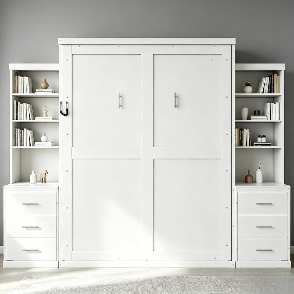 MERITLINE Full Murphy Bed with Storage Shelves and Drawers, Solid Wood Foldable Hidden Murphy Wall Bed with Storage Bookcase for Adults, Library,Guest Room,Bedroom,Office (Full,White w/ 6 Drawers)