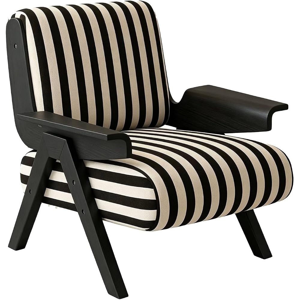 Mid-Century Arm Sofa Chair Striped Accent Chairs Inclined Ergonomic Reading Chair Wood French Wingback Chairs Removable Upholstered Backrestchair for Living Room Bedroom Balcony Study Hotel Cafe