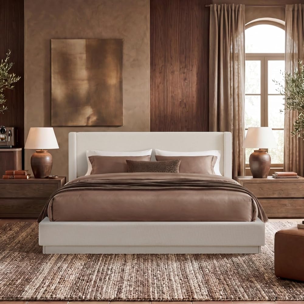 Queen Size Upholstered Platform Bed with Wingback Headboard, Ivory