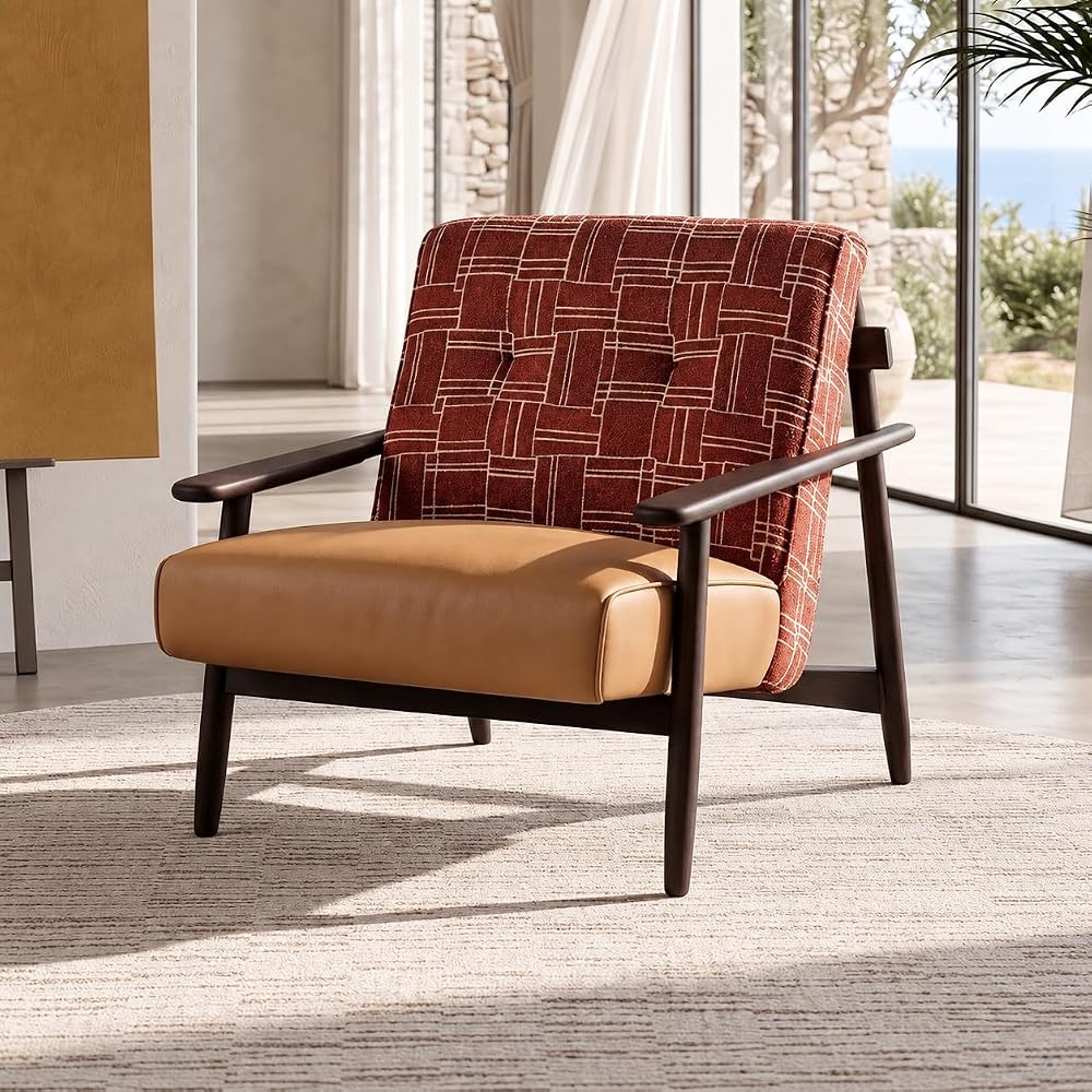 Accent Chair, Rust, Cotton Fabric Wood Arm Lounge Chair