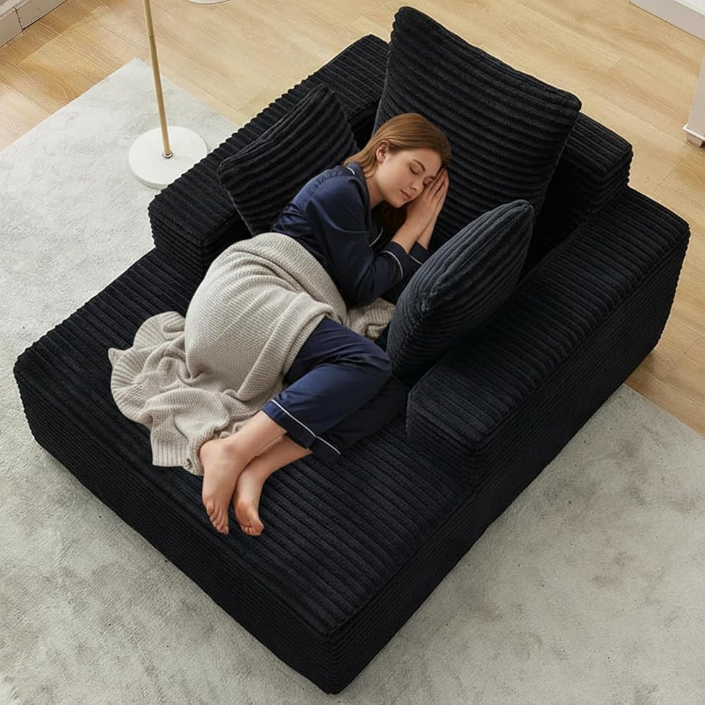 Boneless Couch Chaise Lounge Chair, 54" Oversized Cloud Sofa with Deep Seat, Plush Corduroy Reading Chair for Living Room, Bedroom, Reading Nook, Apartment, Gaming Room & Movie Nights, Black