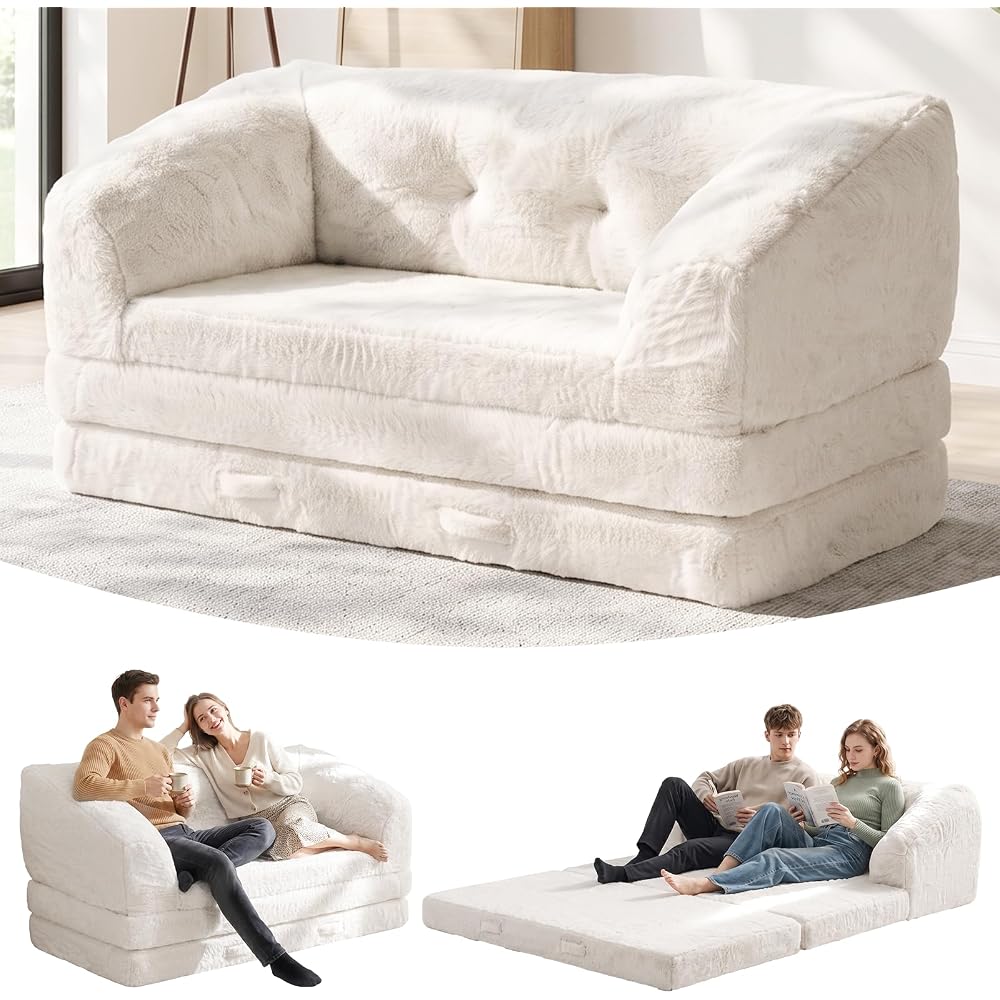 Boneless Loveseat Futon Sofa Bed,Small Boneless Couch with Pull Out Handle,Convertible Sleeper Chair Folding Floor Couch for Living Room, Guest Room,Bedroom,Beige