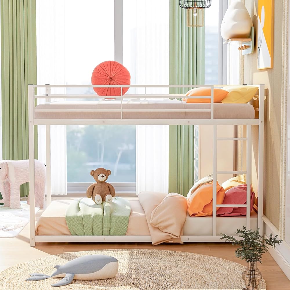 Low Metal Bunk Bed Frame for Kids, Twin-Over-Twin Floor Bunkbed
