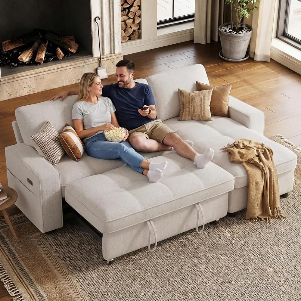WEUP 81" Modular Sectional Sleeper Sofa Bed, Chenille L-Shaped Couch Bed with Adjustable Backrest, Pull Out Couch with Reversible Chaise Storage, USB Charging & Tool-Free Assembly, Beige