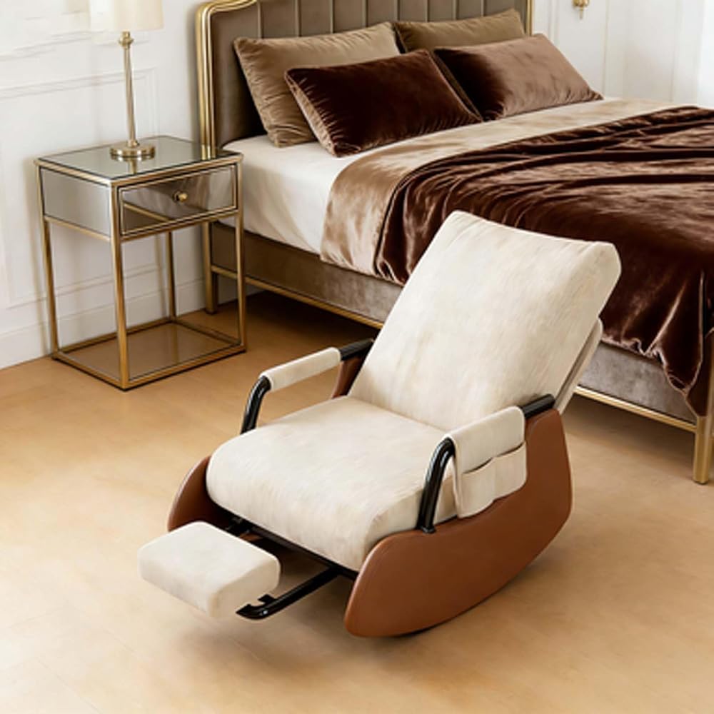 Cozy Indoor Rocking Chair, Corduroy Glider with Extendable Pedals & Adjustable Backrest(White)