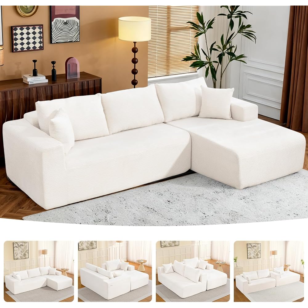 108" Cloud Couch Sectional Boneless L-Shaped Sofa Beige Right Facing Chaise