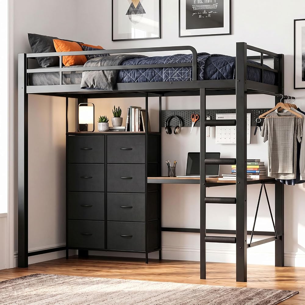 Twin Size Metal Loft Bed with L-Shaped Desk and 8 Storage Drawers,Black
