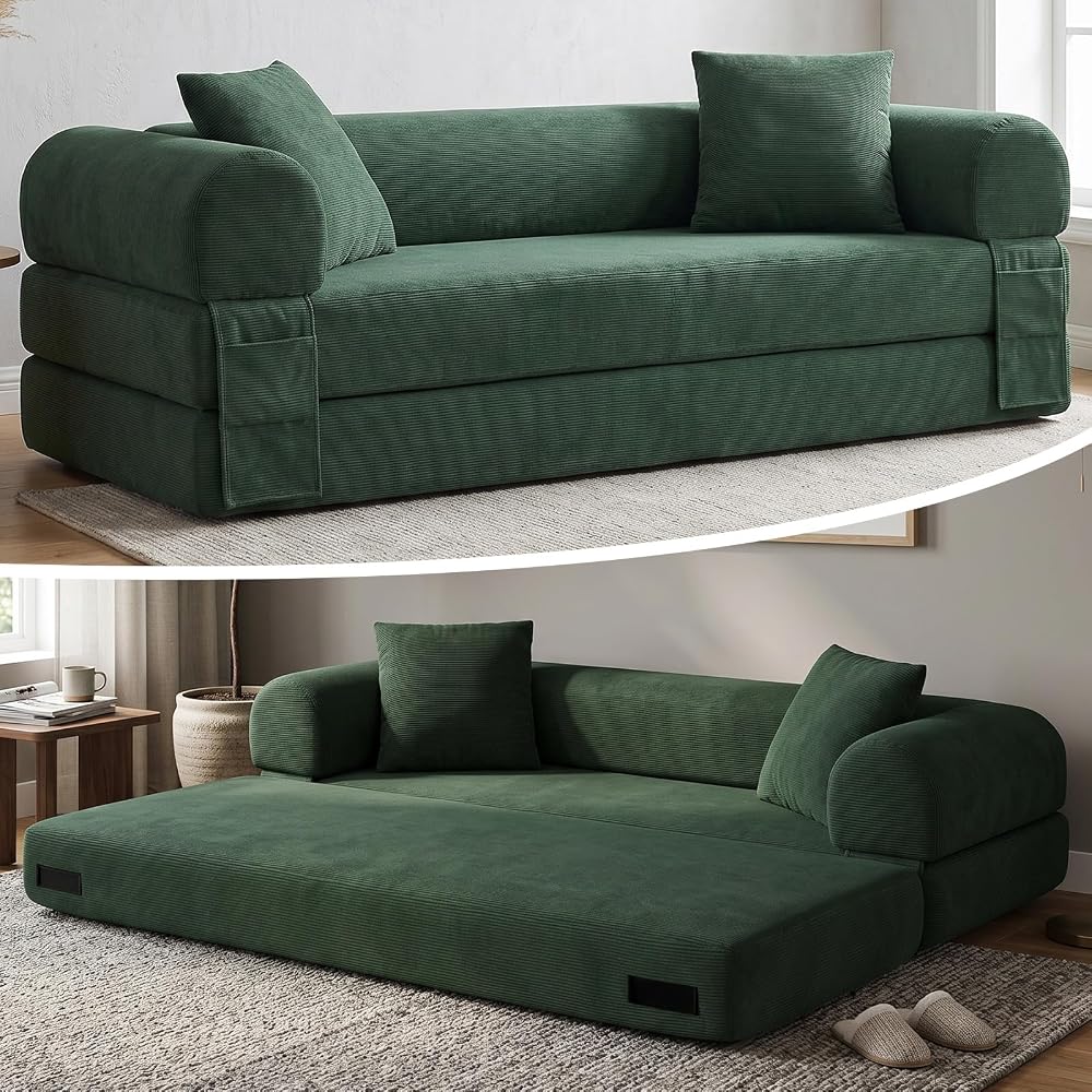 80” Convertible Sofa Bed, 3-in-1 Boneless Couch Bed with Deep Seat, Side Storage Pockets & 2 Pillows, Green Foldable Floor Couch for Living Room Apartment, 600 LBS Capacity (Dark Green)