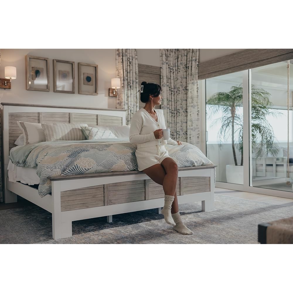 Sea Winds Trading Islamorada King Bed Solid Mindi Wood Frame with Anti-Tipping Device Distressed Dapple Grey/Blanc Finish 82.5 Inch W X 80 Inch D X 57 Inch H