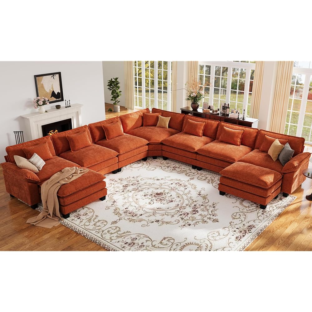 CDCASA 152" Oversized Modular Sectional Sofa with Corner, Comfy V-Shaped Cloud Couch w/ 2 Ottomans, 9-Seater Chenille Deep Seat Modern Sofa Couch for Living Room, DIY Combination, Terracotta Orange