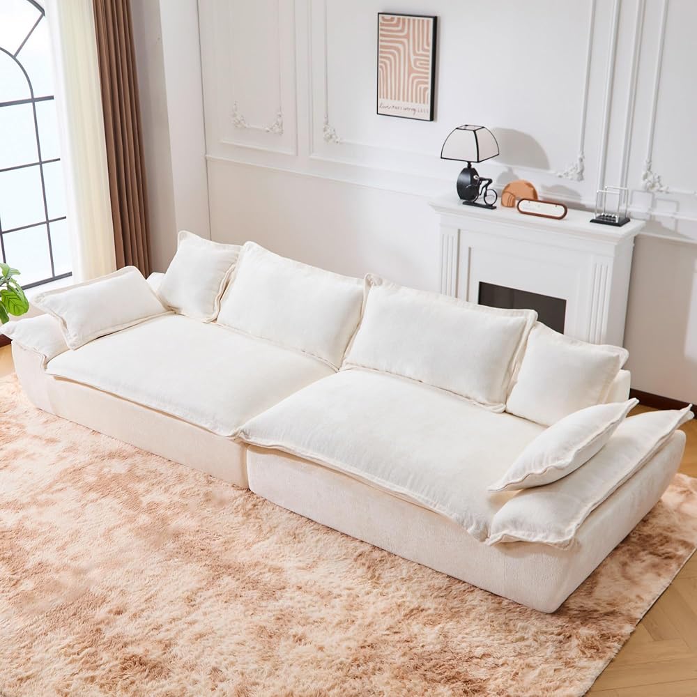 138" Modular Cloud Couch, Sectional Couch with Deep Seats, Wide Armrests and Multiple Pillows, Boneless Couches Sofas Loveseat for Bedroom/Living Room/Apartment/Office (White)