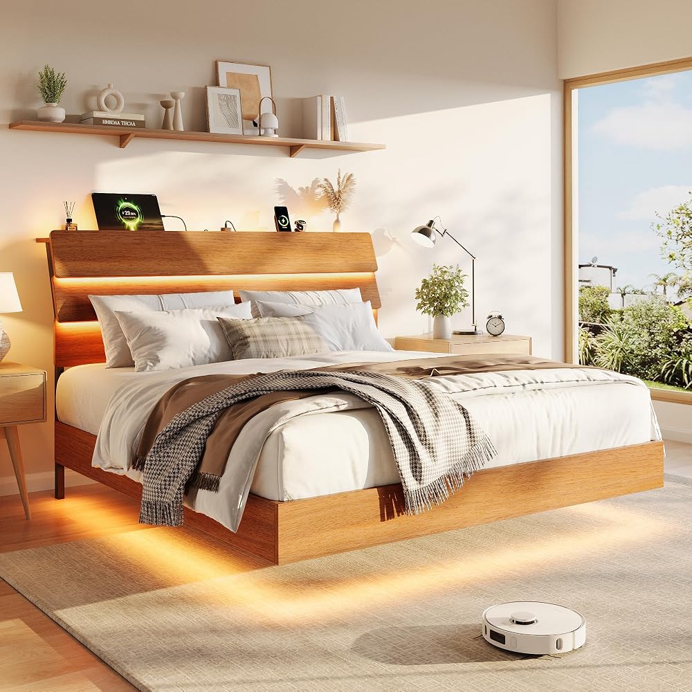 Queen Floating Bed Frame with LED Lights, Wood Platform Bed with Storage Headboard & Charging Station, Metal Support, No Box Spring Needed, Noise-Free, Easy Assembly, Walnut