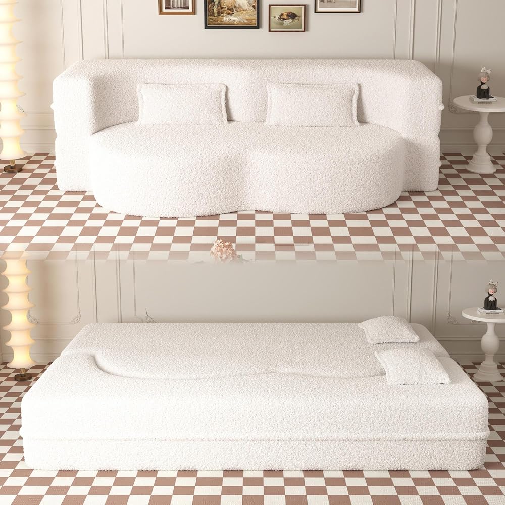 Modern Floor Foam Sleeper Sofa Bed 2-in-1 Convertible Cloud Sofa for Home Apartments Bedroom, Convertible Folding Lounge Sofa Bed, White