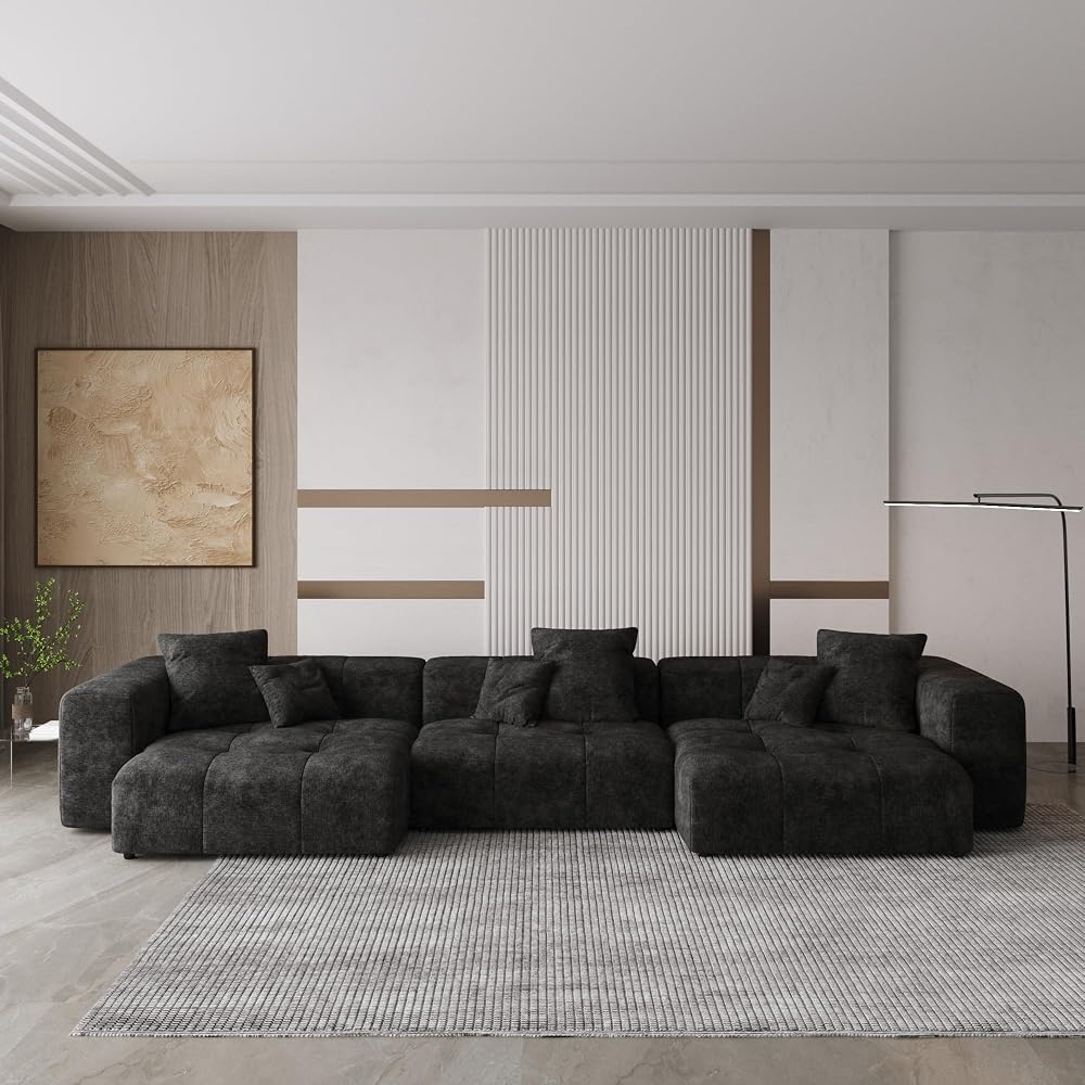 WJShome 144" Sectional Couches for Living Room,Modular Sectional Sofa, U Shaped Couch, Linen Deep Seat Cloud Couches with Pillow for Living Room,Black