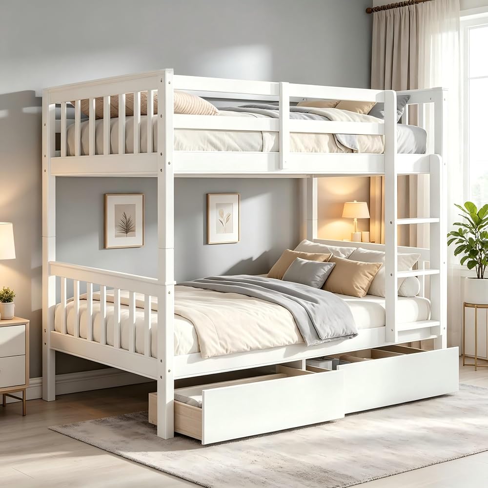 PVWIIK Twin Over Twin Bunk Bed with Storage,White