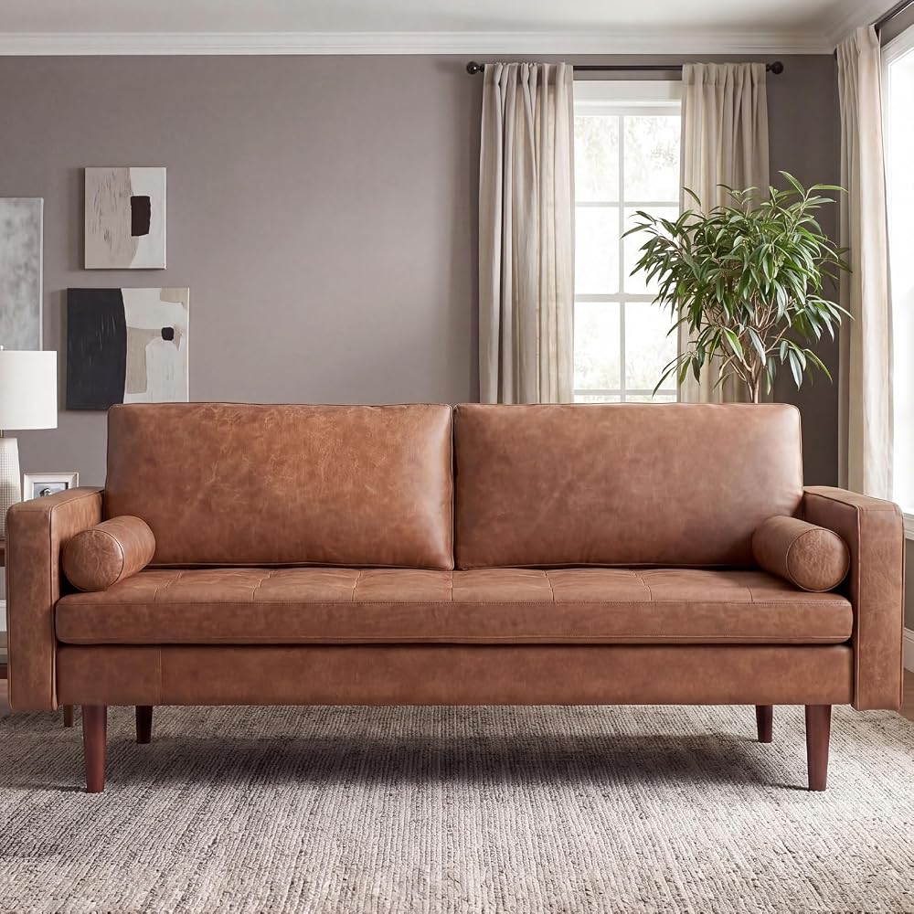 Faux Leather Couch,70" Mid-Century Modern Sofa,Brown