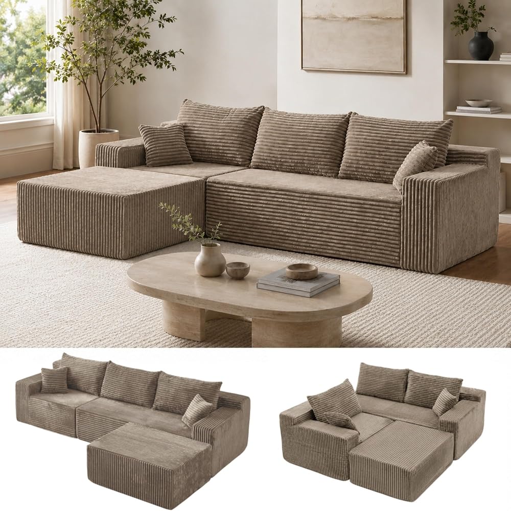 115" L-Shaped Modular Sectional Sofa with Chaise, 3-Piece Corduroy Deep-Seat Couch, Flexible Modular Design, No Assembly Required. (Khaki)
