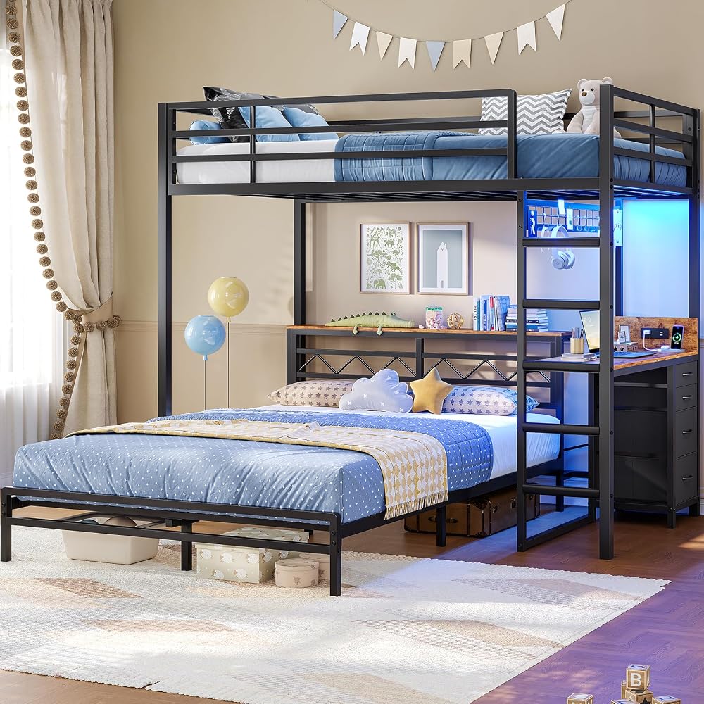 DICTAC Twin Over Full Bunk Bed with Desk and Charging Station, Black