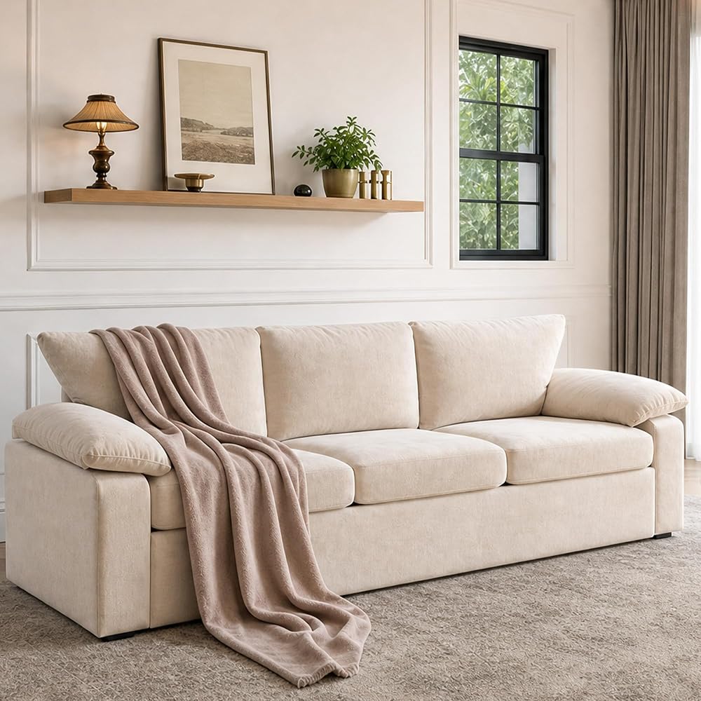 95 "3 Seater Sofa Removable Armrest Chenille Cloud Sofa,Hidden Legs,Beige