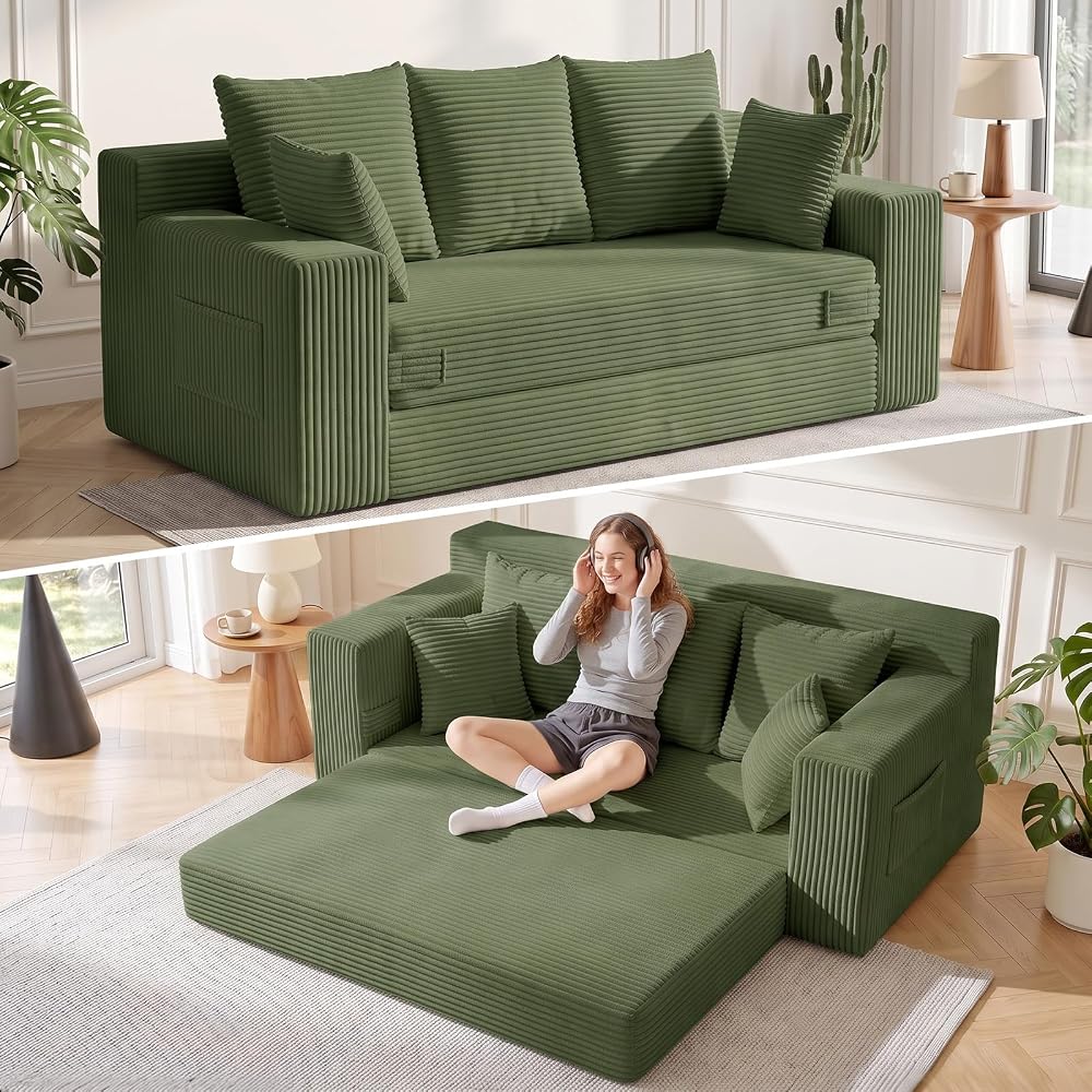 Boneless Couch for Living Room, 3 Seater Convertible Sofa Bed in A Box, Folding Pull Out Couch with Comfy Corduroy, Loveseat Sleeper Floor Sofa with 5 Pillows, No Assembly Required, Green