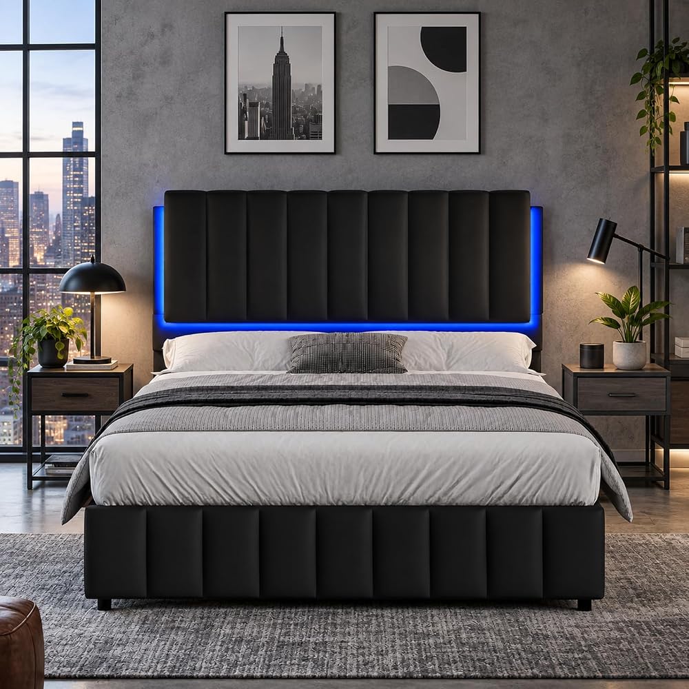 Queen Platform Bed Frame with LED Lights, Faux Leather Headboard, Black