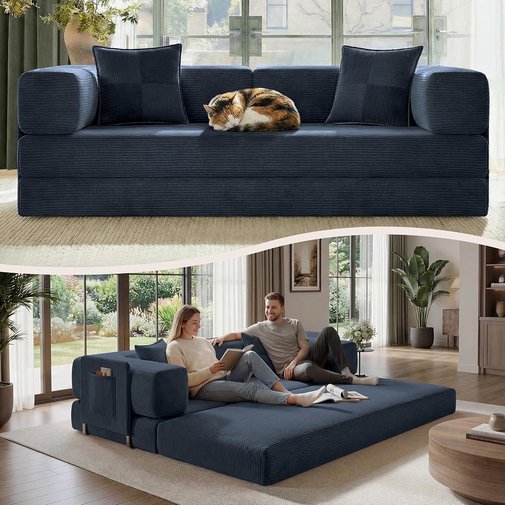 Belhome 78.8" Convertible Sofa Bed, Corduroy Futon Sofa Bed with Storage Pocket, Modular Couch Without Assembly, Boneless Couch for Living Rooms, Navy