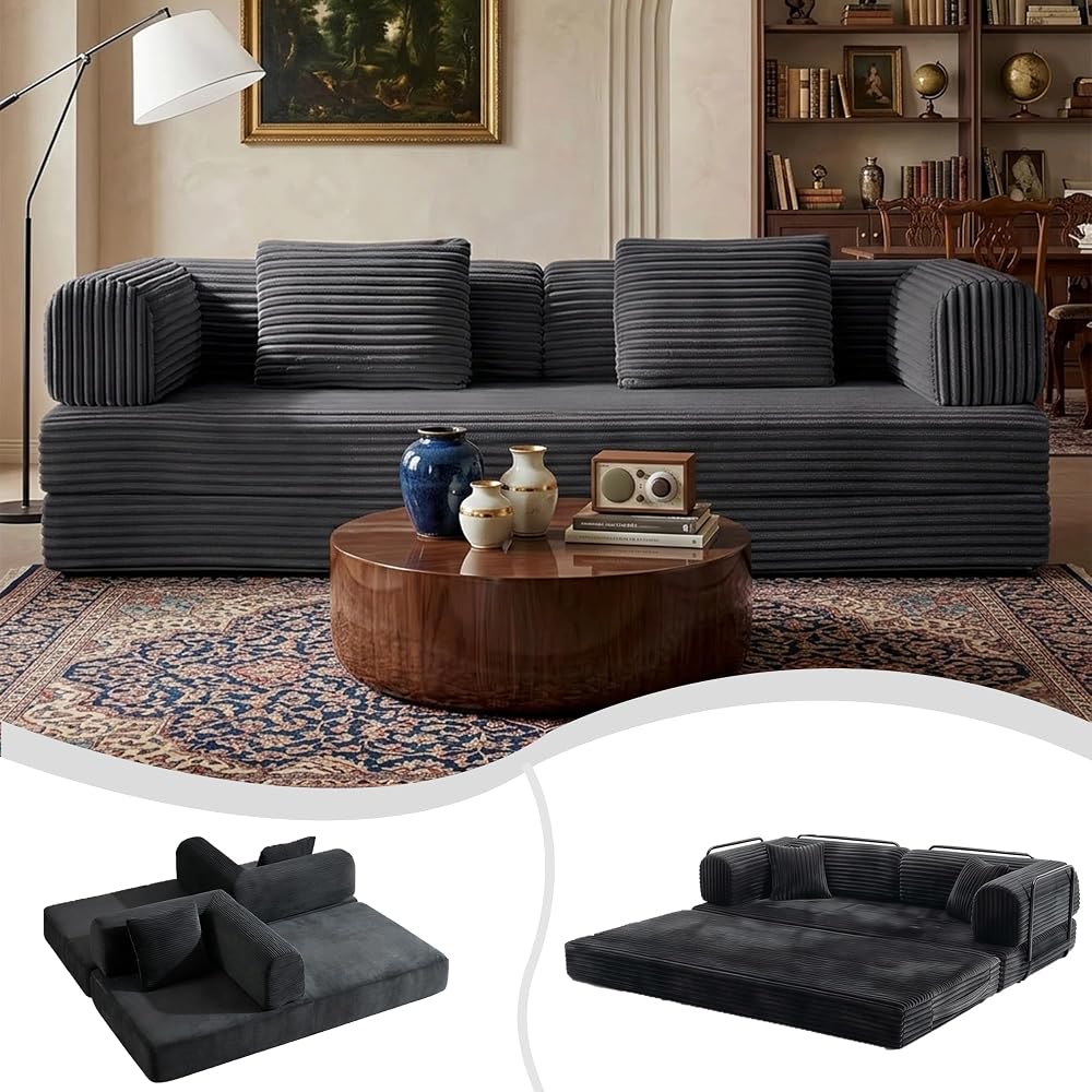 74" Convertible Sleeper Sofa Bed, 5-in-1 Floor Folding Mattress Pull Out Bed with Armrests, No Assembly Required, Fluffy Corduroy Boneless Couches for Living Room, Dorm, Studio (Antique Grey)