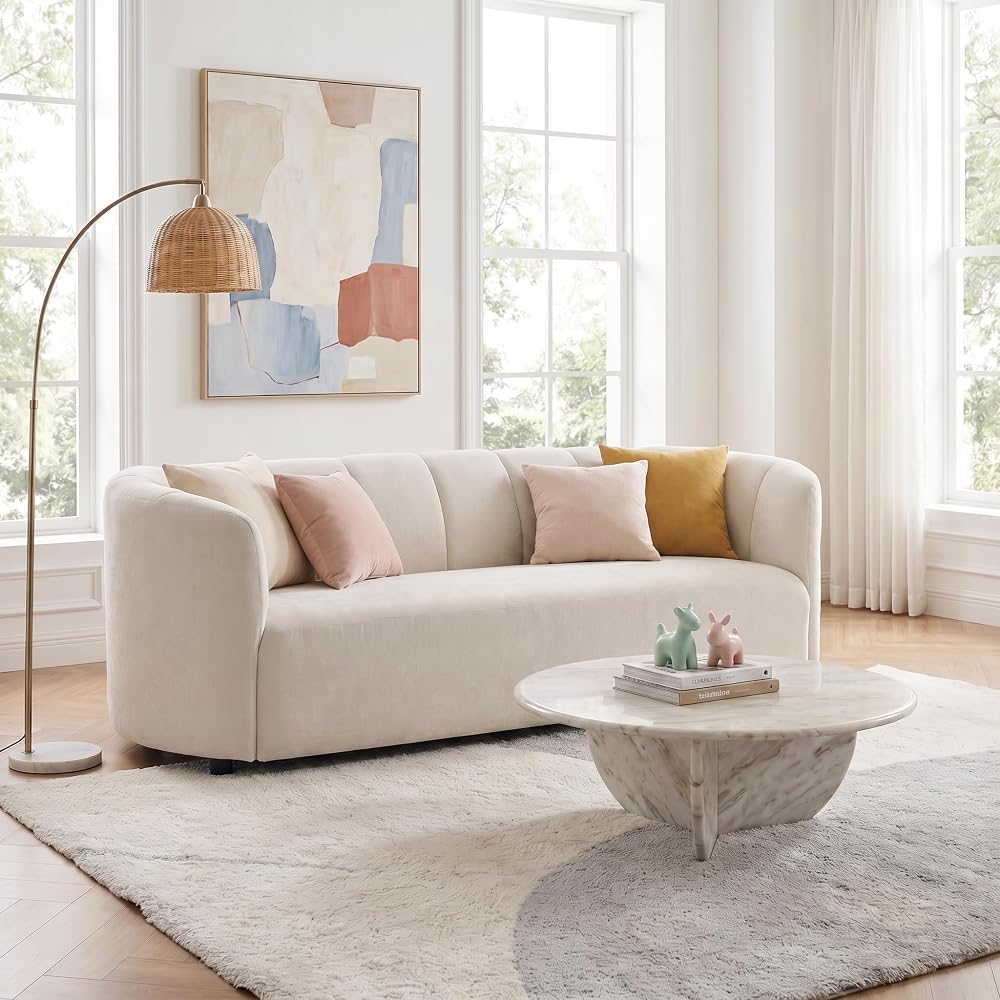 Merax Modern 80" Velvet 3-Seater Sofa, Cruved Couch for Living Room, Beige