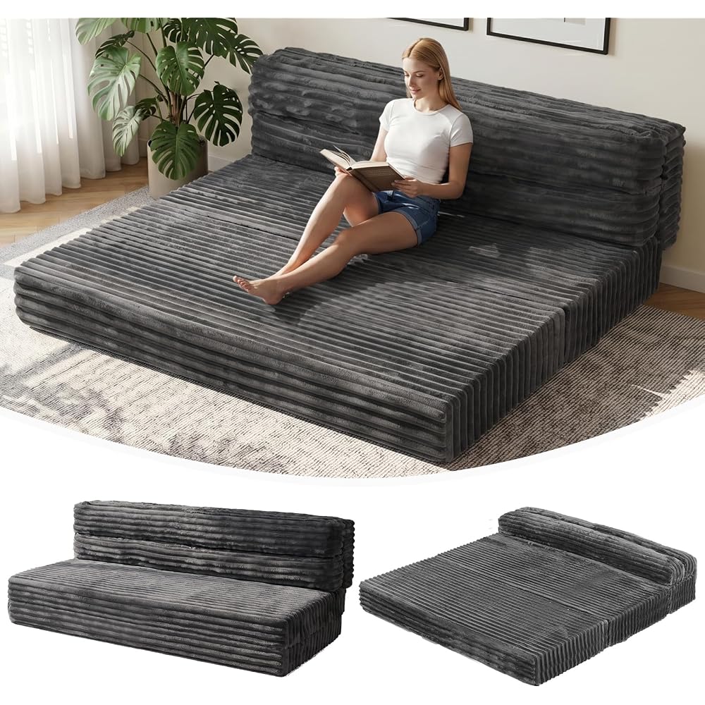 Erament Tri-Fold Futon Sofa Bed, 6 Inch Foldable Floor Couch, High-Density Foam Convertible Sleeper Sofa with Removable Washable Corduroy Cover, Portable Floor Mattress for Living Room