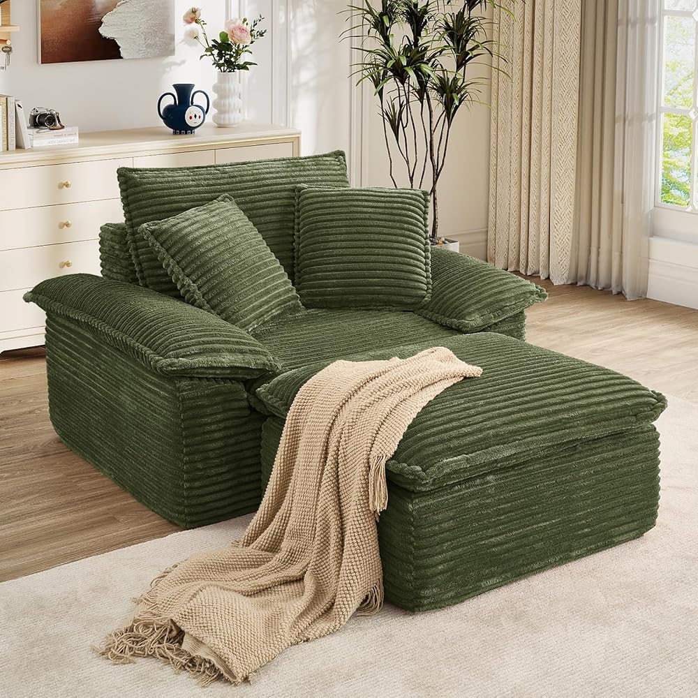 Oversized Chaise Lounge Chair Indoor with Ottoman, Upholstered Corduroy Modern Boneless Sofa Chair, Deep Seat Comfy Reading Armchair, Sleeper Sectional Couch for Living Room/Bedroom(47.6"W, Green)
