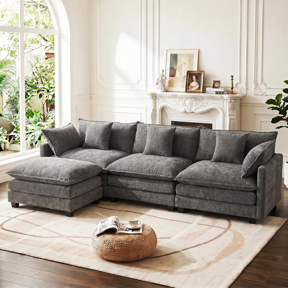Modular Sectional Cloud Couch with Ottoman, Deep Seat 4-Seat 3 Layer Cushion Modern Chenille Fabric Sofa with Pillow for Living Room, Apartment, Grey