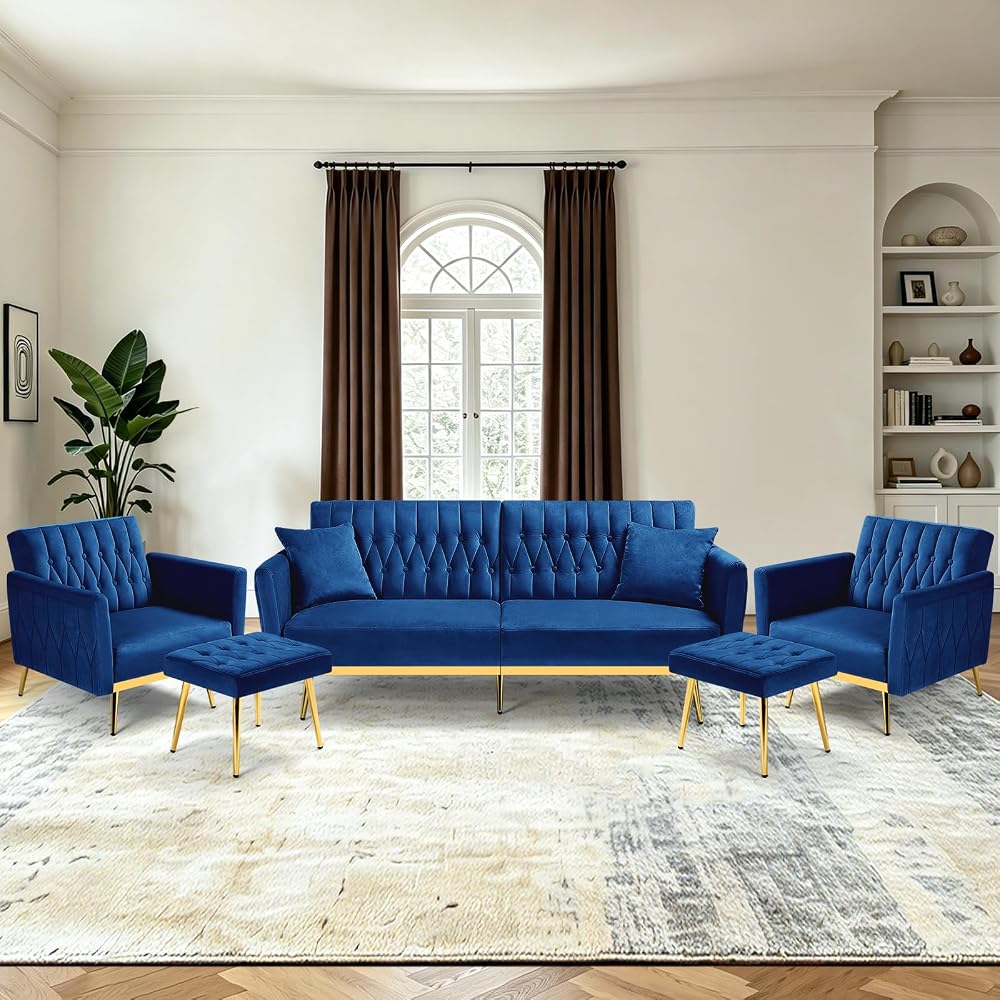 3 Pieces Velvet Sofa Set w/Adjustable Armrest &Backrest,Blue