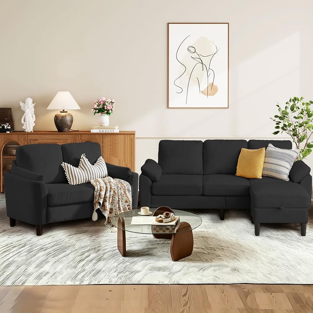 79.72" 3 Piece Corduroy Sofa Set with Storage Ottoman & Loveseat, L Shaped Sectional Couch with Side Pockets, Convertible Living Room Furniture Set for Small Space