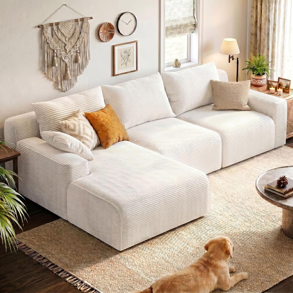 Homkdom 97" L-Shaped Cloud Corduroy Sofa with Left Chaise, Modular Sectional Couch, Flexible Combination Couches for Living Room, Bedroom, No Assembly Required (White)