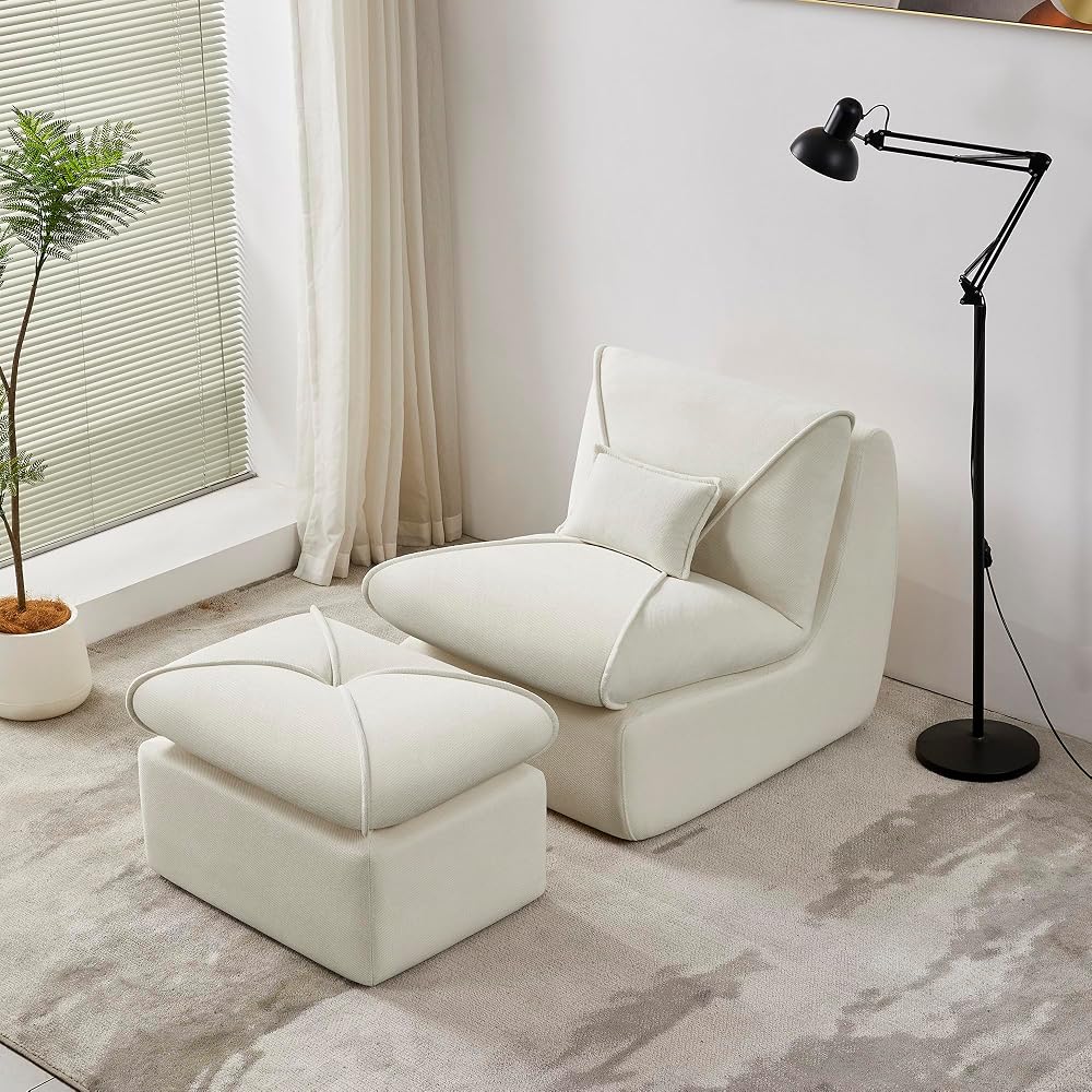30" Lounge Couch Chair, Ottoman Set, Modern Small-Space Sofa with Compressed Packaging & Multifunctional Design for Living Room/Studio, Beige