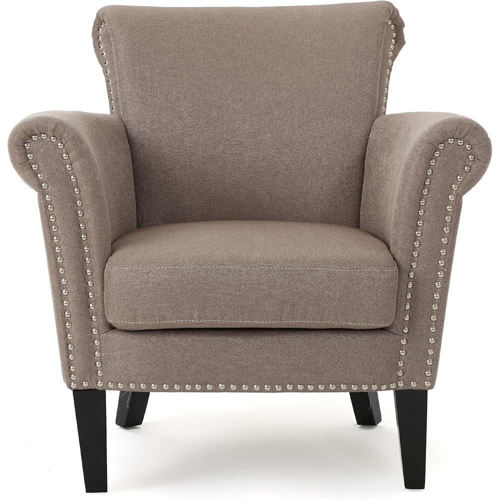 Christopher Knight Home Brice Vintage Scroll Arm Studded Fabric Club Chair, Light Coffee / Dark Brown, 31D x 29.5W x 31.5H in