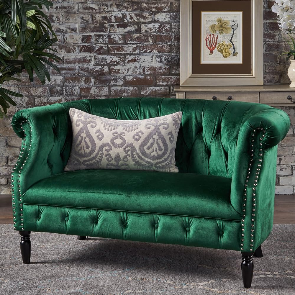 GDFStudio Melaina Tufted Chesterfield Velvet Loveseat with Scrolled Arms, Emerald and Dark Brown.